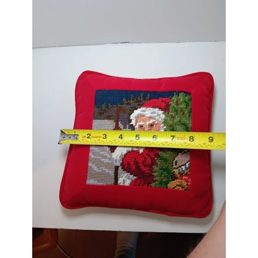 Needlepoint Crosstitch Christmas Pillow Santa Clause Red Velvet 8X9